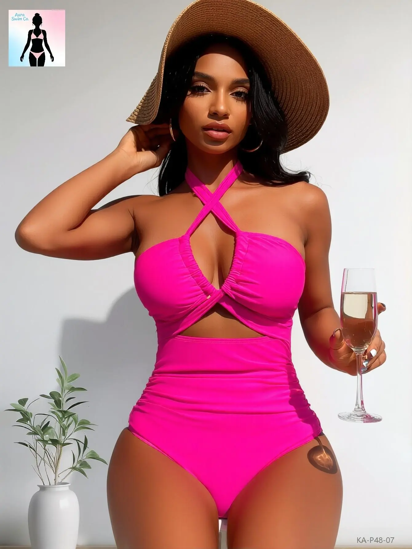 Aura Swim Women's Barbiecore Halter 1-Piece Swimsuit, Hot Pink Cross-Cutout Monokini with Tummy Control, Elegant Bathing Suit Outfits