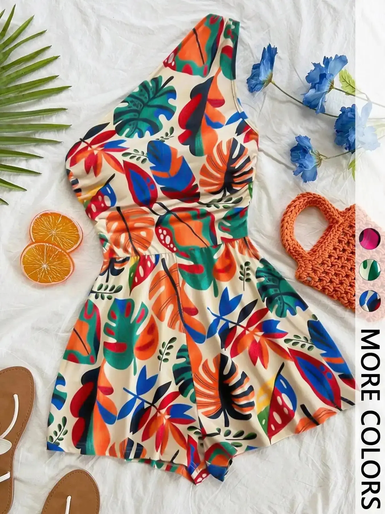 Women's Multicolor Tropical Print One-Shoulder Romper, Elastic Waist Beach Short Dress, Stylish Summer for Ladies