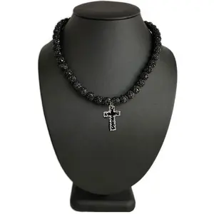 Iced Bling Disco Ball Rhinestone Crystal Beaded Baseball Drip Black Out Necklace + Barbed Wire Cross Pendant