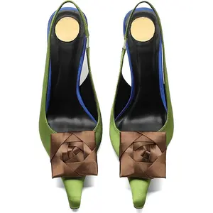 Women's Square Rose Flower Slingback Pumps - Closed Pointed Toe High Heels with Elastic Strap 4.3" Stilettos Heeled Sandals for Party Evening Wedding Dress Shoes