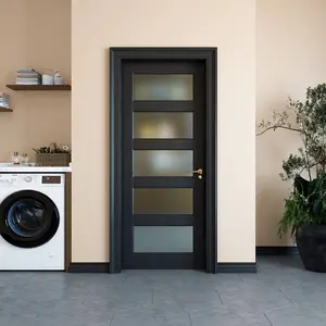 5-Lite Glass Door,Preassembled Frosted Glass French Door,MDF Wood Panel, for Closet Pantry Bedroom Livingroom Study Office,as Prehung, Pocket, Barn Doors-Shaker w/o Hardware,Black