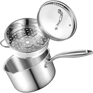 1.5 Quart Stainless Steel Pot with Steamer, Three-Layer Full Body, Multi-Purpose Sauce Pot with Two Sizes of Drain Hole Lid, Perfect for Cooking Gravy, Pasta, Noodles