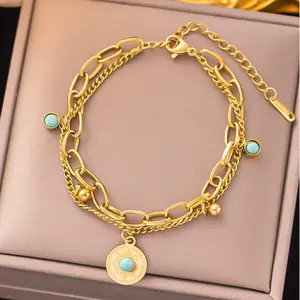 Classic Gold Stainless Steel Round Turquoise Bracelet - Unique and Stylish