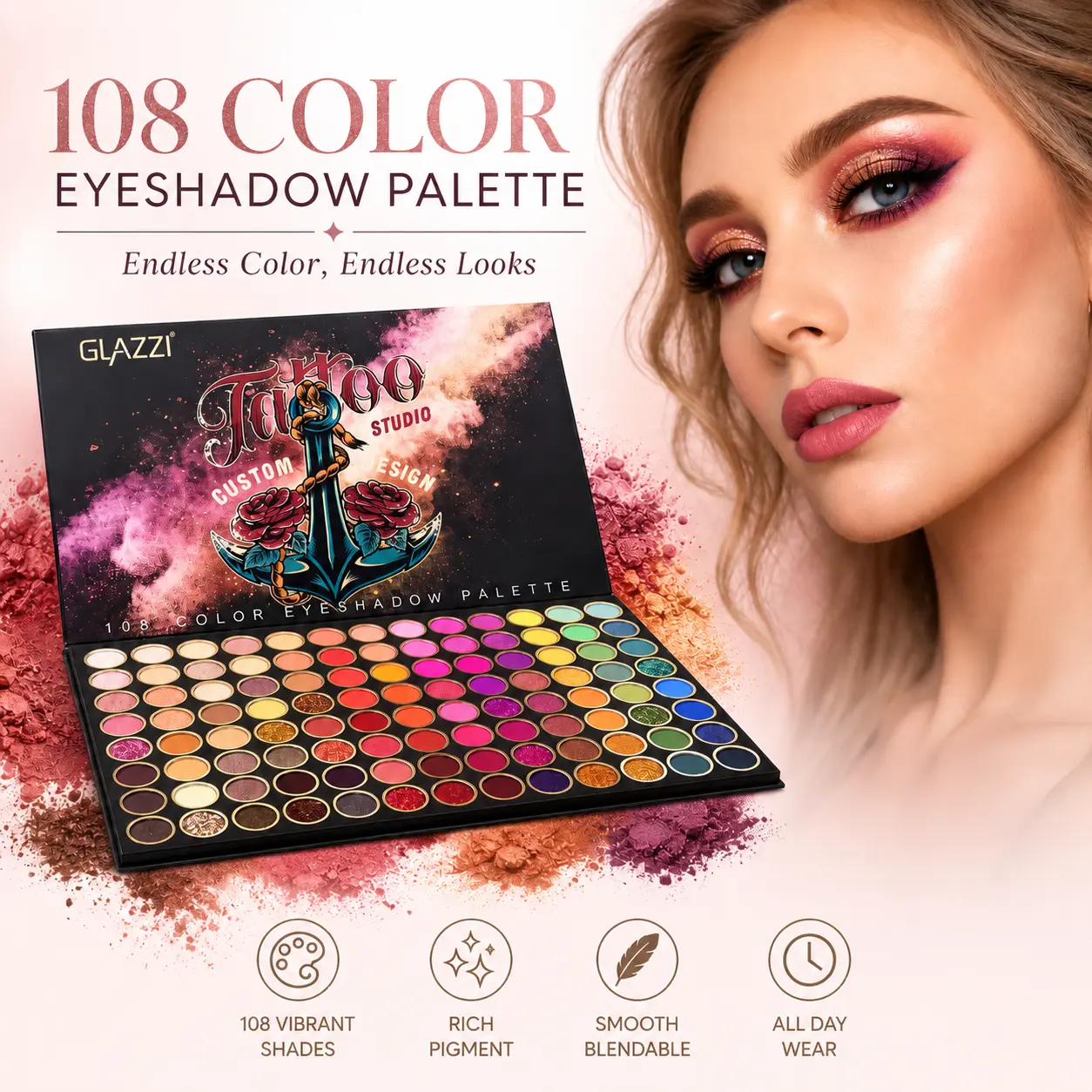 Glazzi Colors Tattoo Eyeshadow Palette Long Lasting Waterproof Makeup Set with Glitter Matte Shimmer High Pigment No Fallout Formula Perfect for Beginners & Pros