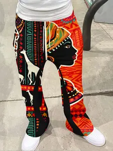 Men's Patchwork Full Print Bell Pants, Ethnic Style All-Over Print Casual Trousers, Geometric Totem Pattern, Breathable Streetwear Fashion
