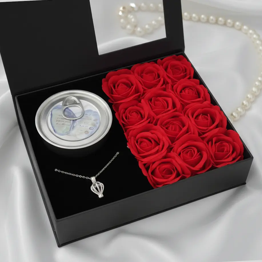 Valentine’s Day Gift Box with Real Cultured Pearl Necklace, Oyster Pearl Included, Elegant Pendant Necklace and Decorative Rose Soap Flowers