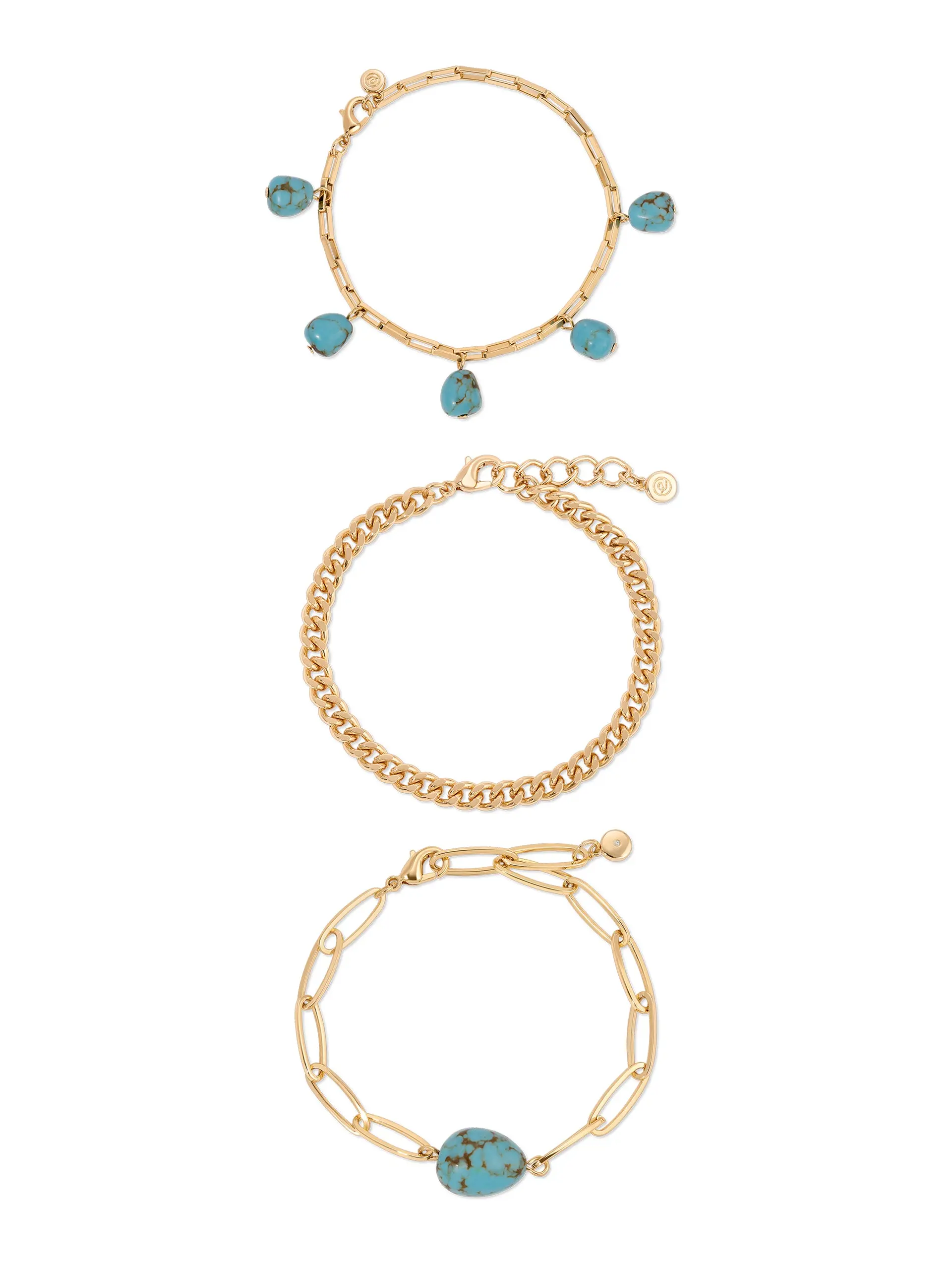 Ettika Turquoise Nugget Bracelet Set 18kt Gold Plated Brass Steel Cubic Zirconia Reconstituted Turquoise 6 Inch Length Adjustable Chain Extender