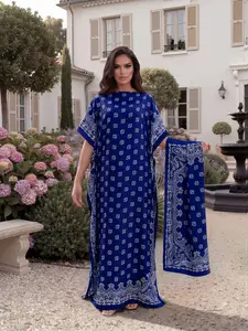 Elegant Butterfly Print Robe Set, Long Dress with Headscarf, Sun Protection Silk Scarf, Women's Beachwear, Fashionable Summer, Shawl