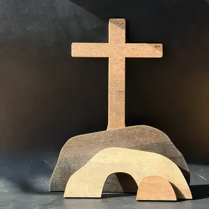 Empty Tomb Easter Display – Christian Resurrection Scene Decor with Wooden Cross, Farmhouse Tiered Tray & Fireplace Ornament