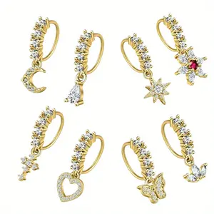 Dangle Nose Rings Hoop for Women – Surgical Steel Septum Nose Piercing Jewelry, CZ Flower Leaf Star Butterfly Cartilage Earring, Daith Tragus Helix Lip Piercing – Silver Gold Rose Gold