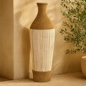 Brown Seagrass Handmade Wrapped Tall Decorative Vase with Cream Slatted Bamboo Center