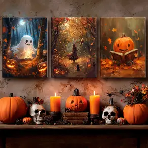 3 Counts Wooden Framed Canvas, Autumn Fantasy Forest Posters, White Ghost, Witch, Halloween Home Poster, Halloween Party Decorations, Living Room And Bedroom Hanging Paintings, Horror Theme, Interesting Posters, Exquisite Gifts, Wooden Wall Art