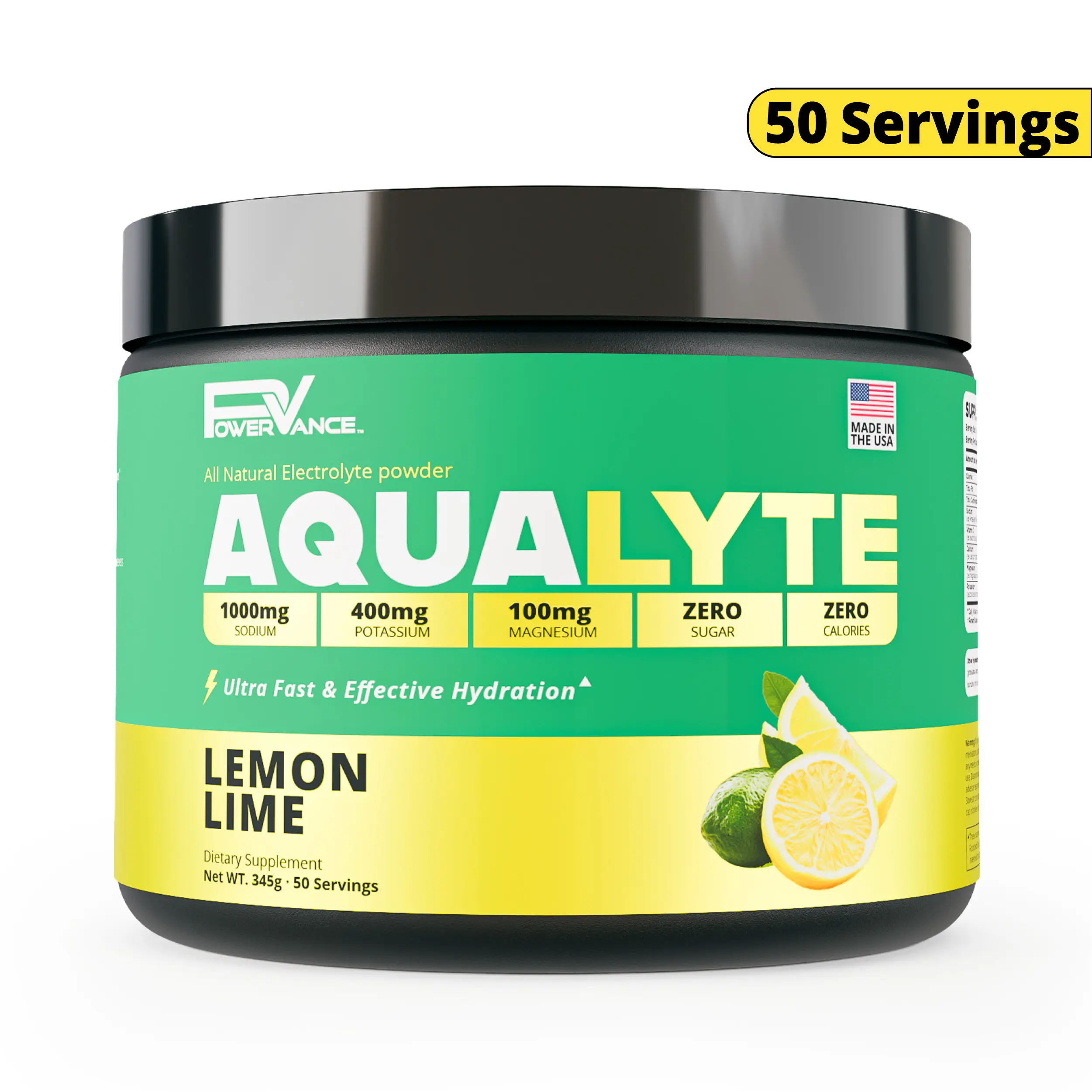 PowerVance AquaLyte Electrolytes Powder | All Natural | 1000mg Sodium, 400mg Potassium, 100mg Magnesium + Vitamin C - Sugar Free Keto Electrolyte Drink Mix, Zero Calories, Stevia Sweetened, Lemon Lime - 50 Servings
