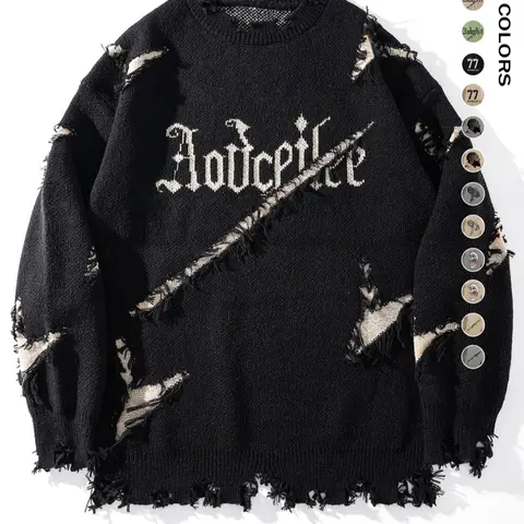Men's Letter Pattern Ripped Drop Shoulder Pullover Sweater, Casual Loose Fit Knit Long Sleeve Round Neck Jumper, Casual Trendy Jumper for Fall & Winter, Fashion Men's Knitwear for Daily Wear