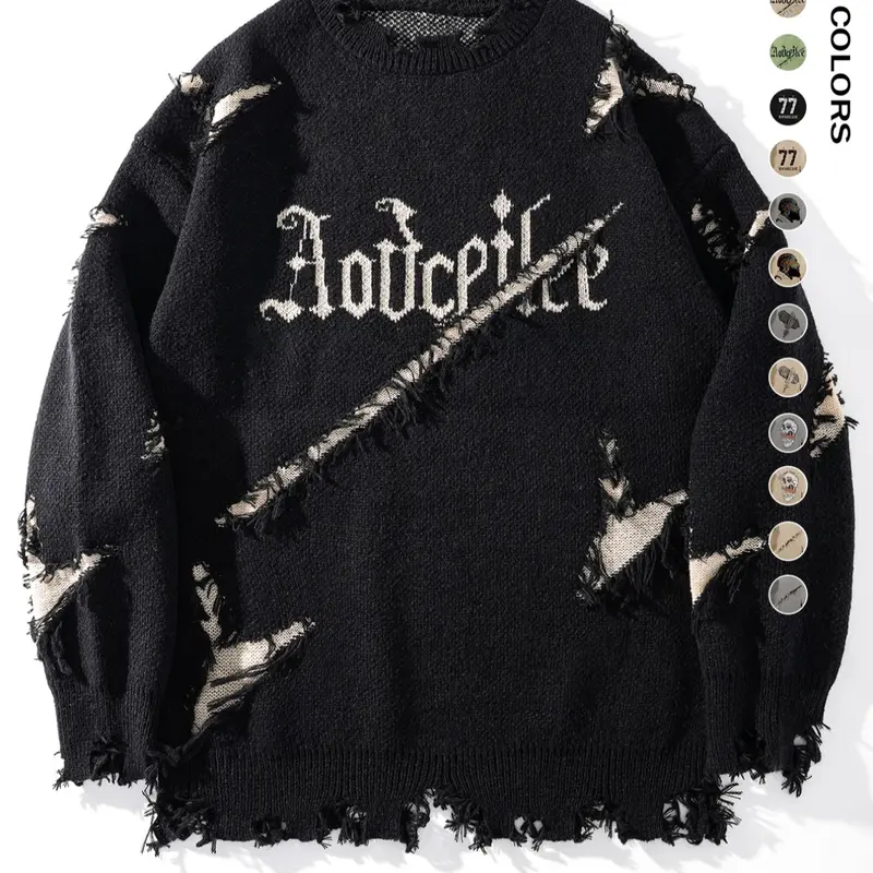 Men's Letter Pattern Ripped Drop Shoulder Pullover Sweater, Casual Loose Fit Knit Long Sleeve Round Neck Jumper, Casual Trendy Jumper for Fall & Winter, Fashion Men's Knitwear for Daily Wear