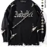Men's Letter Pattern Ripped Drop Shoulder Pullover Sweater, Casual Loose Fit Knit Long Sleeve Round Neck Jumper, Casual Trendy Jumper for Fall & Winter, Fashion Men's Knitwear for Daily Wear