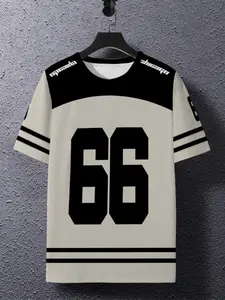 New Casual 3D Digital Print Round Neck T-Shirt, Comfortable Breathable Fabric, Sports Fitness, Number 66 Athletic Jersey