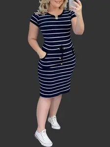 Women's Casual Striped Short-Sleeve Shirt Dress, Womenswear, with Drawstring Waist, Pockets, Elegant Summer Style