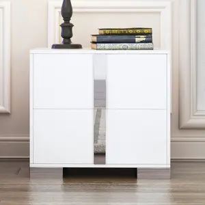 Elegant Nightstand with Metal Foot, Mirrored Bedside Table with 2 Drawers for Bedroom, Living Room, White