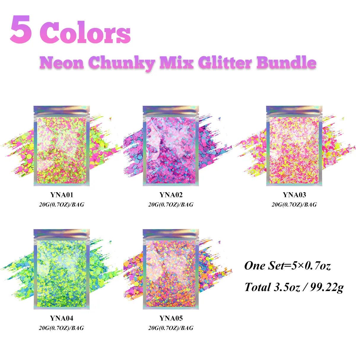 High Quality Polyester Neon Glitter Bundle, 5-Pack (0.7oz Each Bag, Total 3.5Oz/99.22G) - Chunky Fluorescent Mix for Resin Tumblers, DIY Crafts, Beading & Jewelry Making