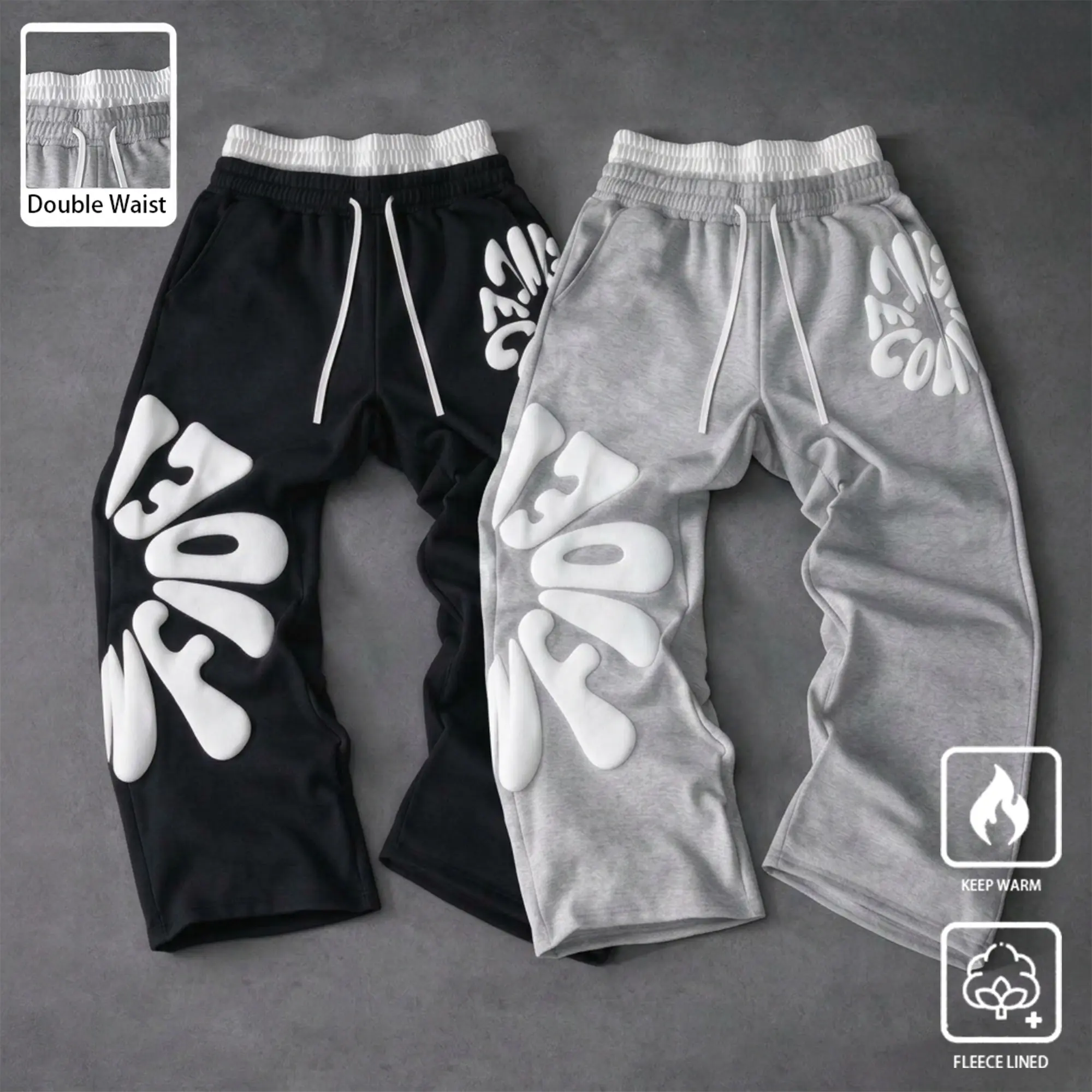 Men's Double Waistband Wide-Leg Baggy Graphic Sweatpants - Comfy, Ultra-Soft Breathable, Drawstring Waist, Unisex Loose-Fit, Mens Clothing, Streetwear, Fashion Streetwear, Suitable for Running, Fitness Training,sohochic