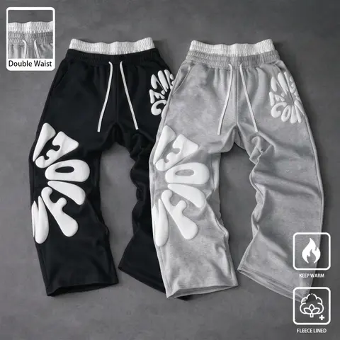 Men's Double Waistband Wide-Leg Baggy Graphic Sweatpants - Comfy, Ultra-Soft Breathable, Drawstring Waist, Unisex Loose-Fit, Mens Clothing, Streetwear, Fashion Streetwear, Suitable for Running, Fitness Training