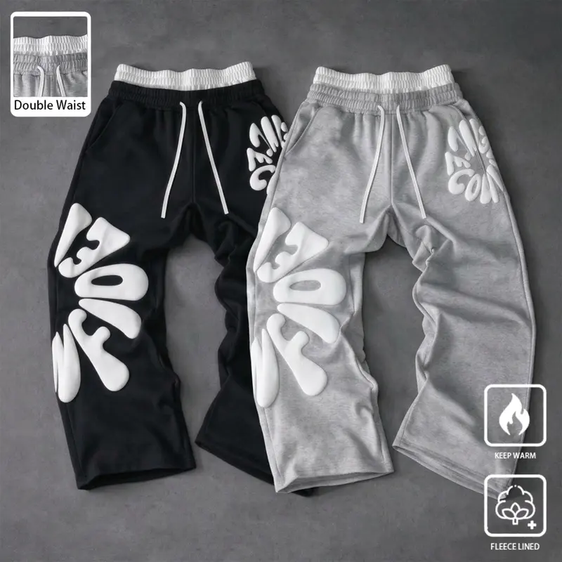 Men's Double Waistband Wide-Leg Baggy Graphic Sweatpants - Comfy, Ultra-Soft Breathable, Drawstring Waist, Unisex Loose-Fit, Mens Clothing, Streetwear, Fashion Streetwear, Suitable for Running, Fitness Training