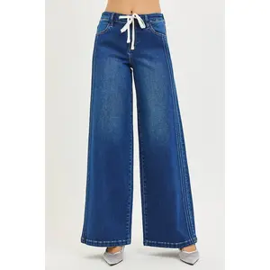 RISEN Full Size Mid Rise Wide Side Pintuck Jeans with Front Drawstring Plus Size