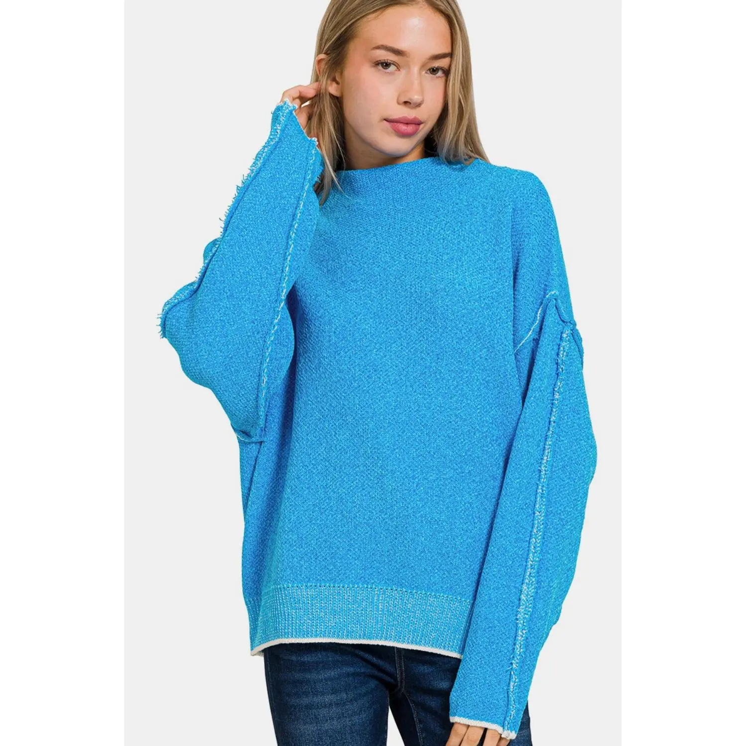 Zenana Exposed Seam Mock Neck Long Sleeve Sweater