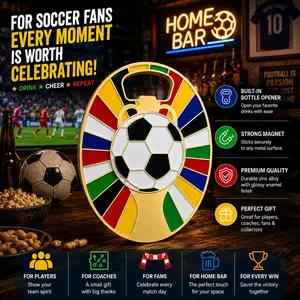 GLAD & HANDY Soccer Inspired Magnetic Bottle Opener, Fridge Magnet Beer Opener with Cap Catcher, 360° Spinning Center, Zinc Alloy Enamel Football Fan Gift for Dad, Men, Home Bar Decor