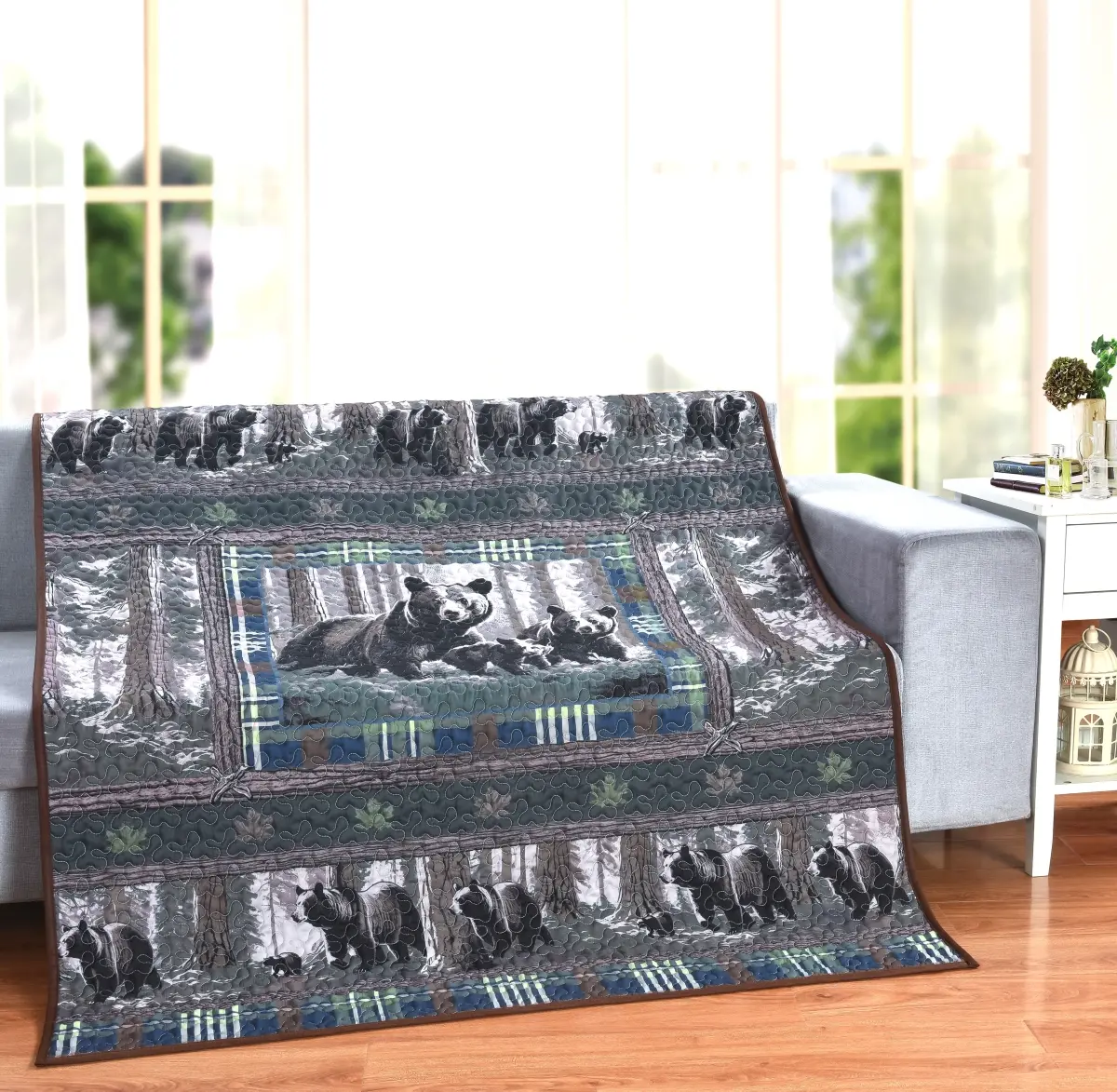 De Leon Collections 62338 Patchwork Blanket Throw, Verdant Retreat Black Bear Forest Nature Plaid Border, 60x50 Decorative Quilt, Patchwork Blanket Throws