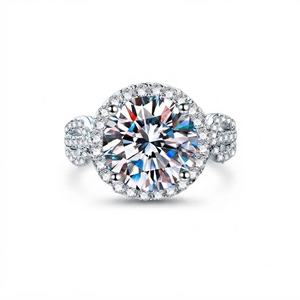 EVA Jewelry Classic Halo Engagement Ring, 5CT 925 Sterling Silver Synthetic Moissanite Ring