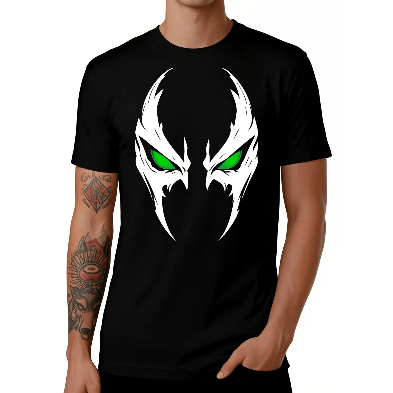 Men'S Plus Size Spawn Graphic Print T-Shirt Black Streetwear Tee with White Green Eye Design Comfortable Round Neck Short Sleeve AllSeason Wear Casual Stretch FaLightweight and Comfortable Fabric for Outdoor Sports Fitness Running and Casual Wear Me