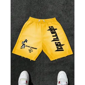 Men's Young Street Style, Interesting Letter And Star Pattern Knit Shorts, Elastic Waist Drawstring Pocket Knit Shorts