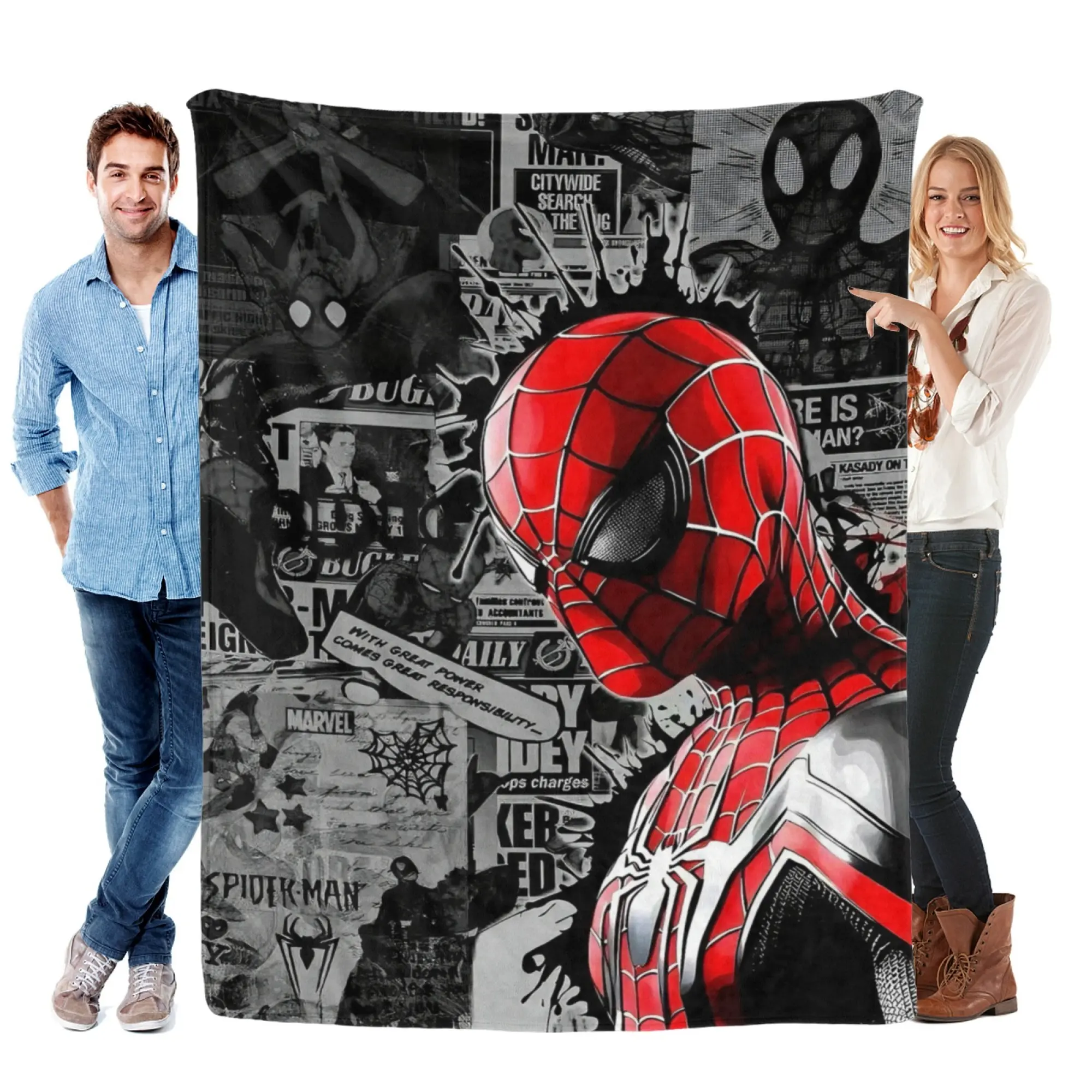 [SummerVibes] MARVEL CLASSIC Spider-Man Newspaper Collage Flannel Blanket - Soft Cozy 2D Print Superhero Throw for Home Bedroom Decor, Couch & Fans Gift