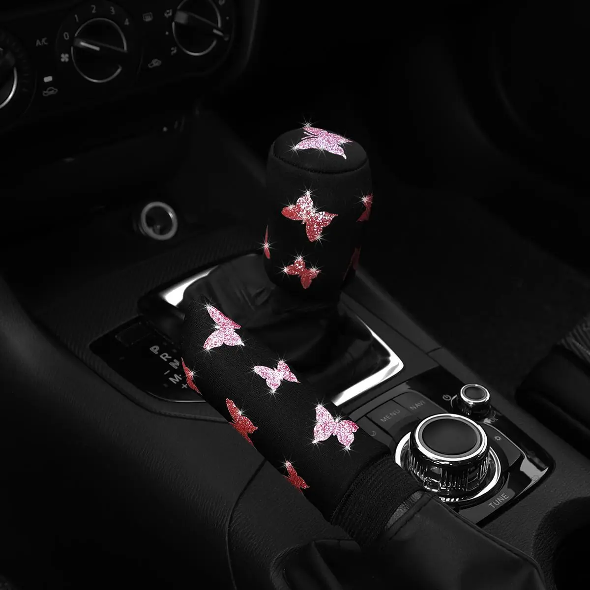 2-piece Butterfly fabric flash Blingbling car handbrake set Handle set manual gear General automotive supplies