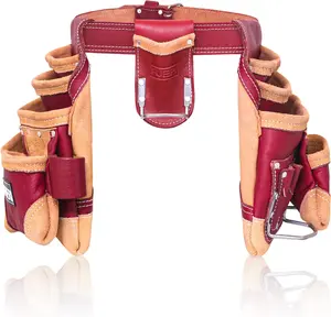 FUERI 16 Pocket Leather Tool Belt,Comes with Padded Belt, Big Pouches, Hammer Holder and Suspender loops, Ideal for Construction Workers, Carpenters and Electrician.