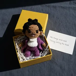 Handmade Emotional Support Crochet Doll, Cute Knitted Desk Buddy Plush with Motivational Sign, Purple Retro Musician Desk Decor, Encouragement Gift for Coworkers & Friends Trendy decoration figure