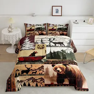 Bear Bedding Set Farmhouse Wild Animals Comforter Set for Kids Boys Girls Cute Elk Print Comforter Western Cabin Patchwork Quilt Set Bedroom Collection