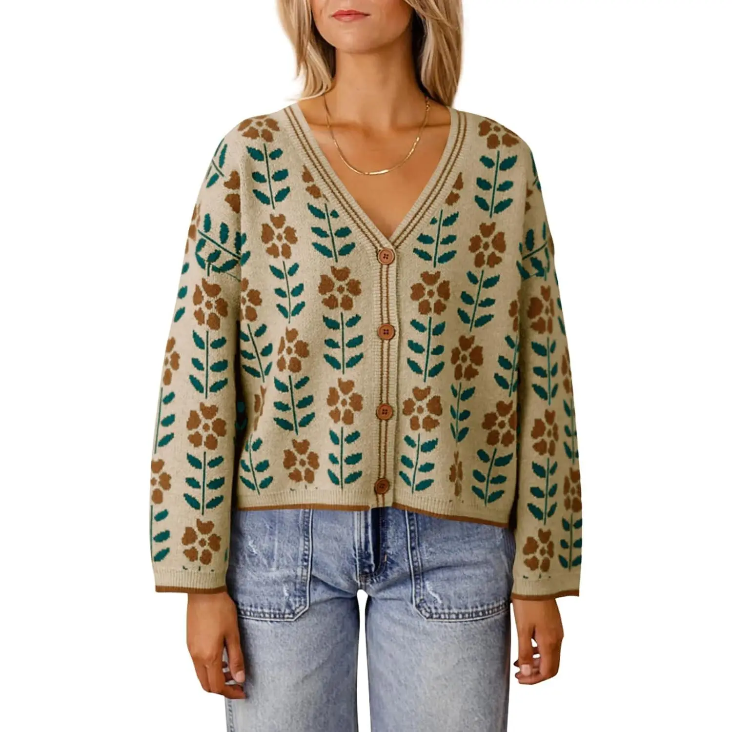 Saodimallsu Women's Casual Floral Print Cardigan, Long Sleeve V-Neck Loose Ribbed Knit Button Down Sweater, Knitting, Knitwear, Lady, Party, Holiday, Loose-Fitting