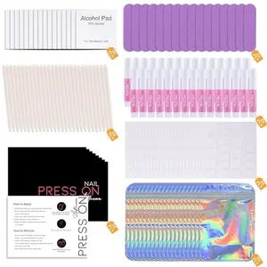 Press On Nail Tool Kit for Nail Business, Nail Prep Application Disposable Kit with Nail File, Nail Glue, Prep Pads, Instruction Card, Adhesive Nail Tabs, Wood Stick, Holographic Bag (20pcs in purple)