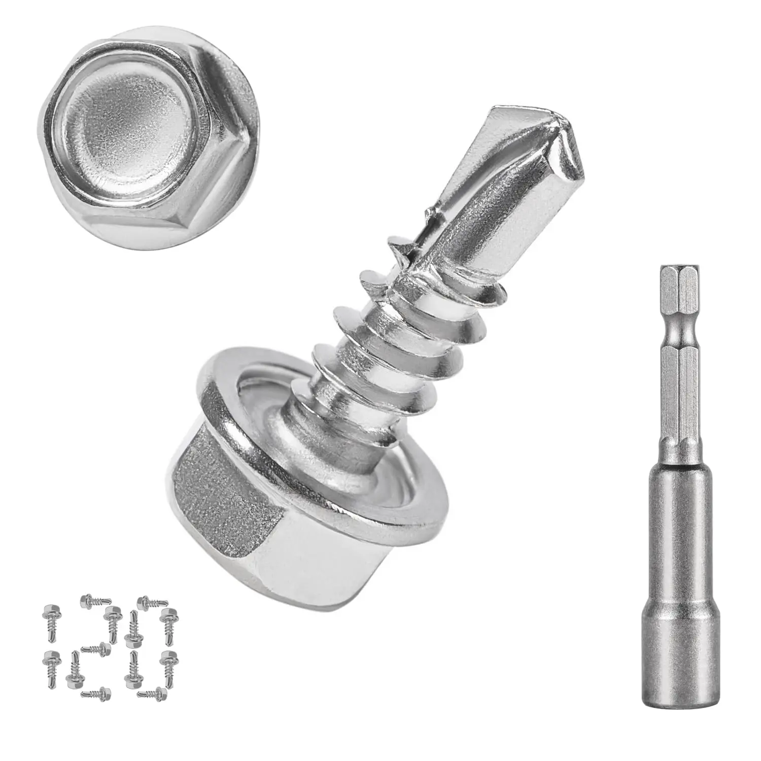 120 count #8 x 1/2'' Sheet Metal Screws 410 Stainless Steel Hex Washer  Fast Self Tapping Screws with  Bit
