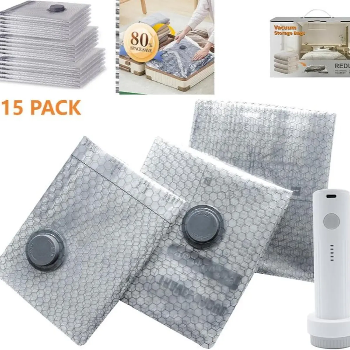 [2026 Upgraded] Cordless Travel Vacuum Bag Set Vacuum Bags for Travel with Rechargeable air Pump, 15 Pack Carry-on Size Compression Packing Bags for Luggage and Suitcase