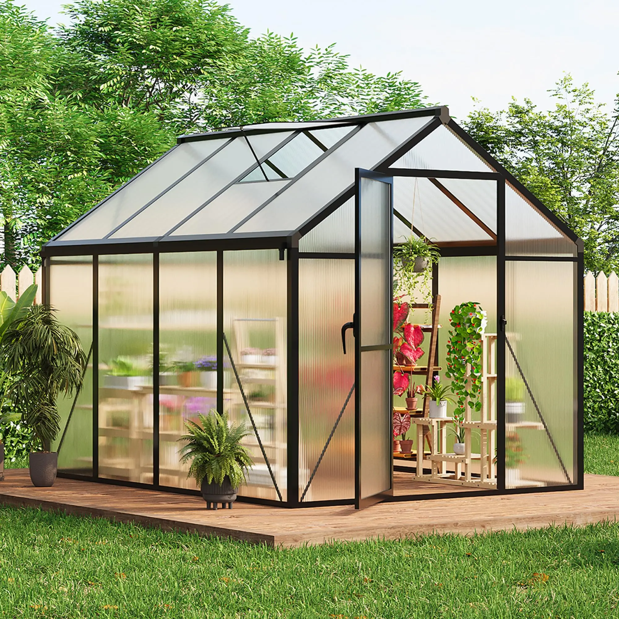 Heavy Duty 6x8 FT Aluminum Frame Outdoor Greenhouse, Easy-Assembly Aluminum Polycarbonate Greenhouse with Roof Vent and Ground Nails, Natural Light-Enhanced for Backyard, Black, Heavy Duty Greenhouse