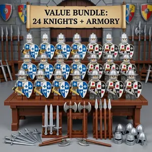 Medieval Knights Minifigures Set – 24 Knights + Armory Weapons Pack, Castle Soldiers Army Building Toys