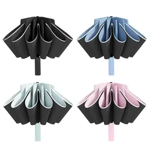 Automatic Compact Reverse Umbrella for Rain and UV Protection, Windproof with Reflective Safe Stripe, Teflon Coated, Portable, for Men and Women and with Cover Bag.