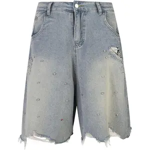 Y2K Rhinestone Baggy Jeans Shorts Wide Leg Washed Denim Shorts Grunge Ripped Bermuda Jorts Hip Hop Streetwear