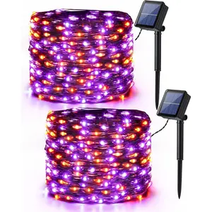 Bright Orange and Purple and Cool White and Multicolor Halloween Lights, 2-Pack Total 78 Feet 240 LED Orange Lights, Purple Solar Halloween Lights with 8 Modes, Outdoor Flashing Orange Halloween String Lights with Black Wire for Halloween Decoration