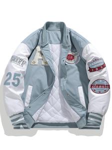 men's colorblock letter & figure embroidery baseball collar jacket, regular fit casual long sleeve button front outerwear for fall & winter, men's clothing, coat, men's clothes for daily wear