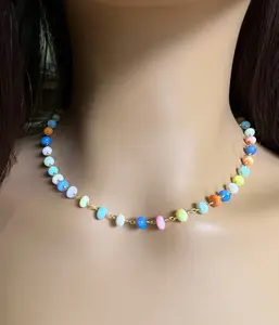 Peruvian Opal Pink Blue yellow Opal, Multi color candy opal wheel Roundel 5-6mm wire wrapped Gold vermeil Necklace Beach Boho Summer gift